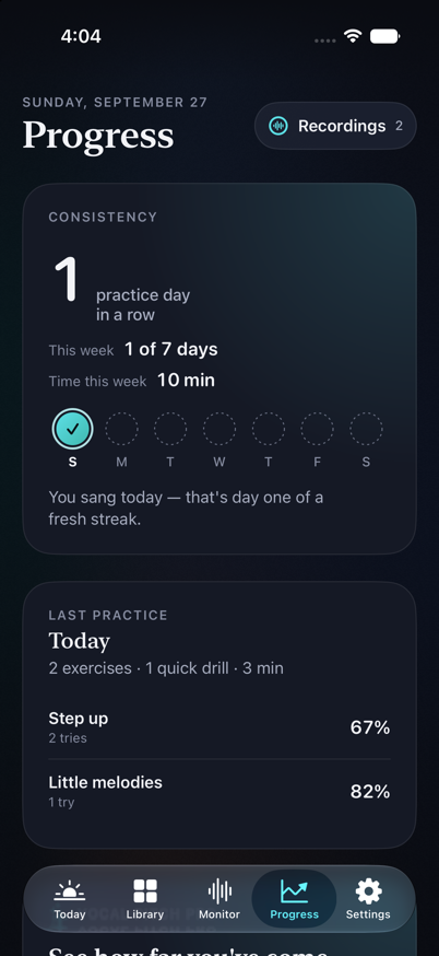 The app’s progress screen showing practice history and singing skills